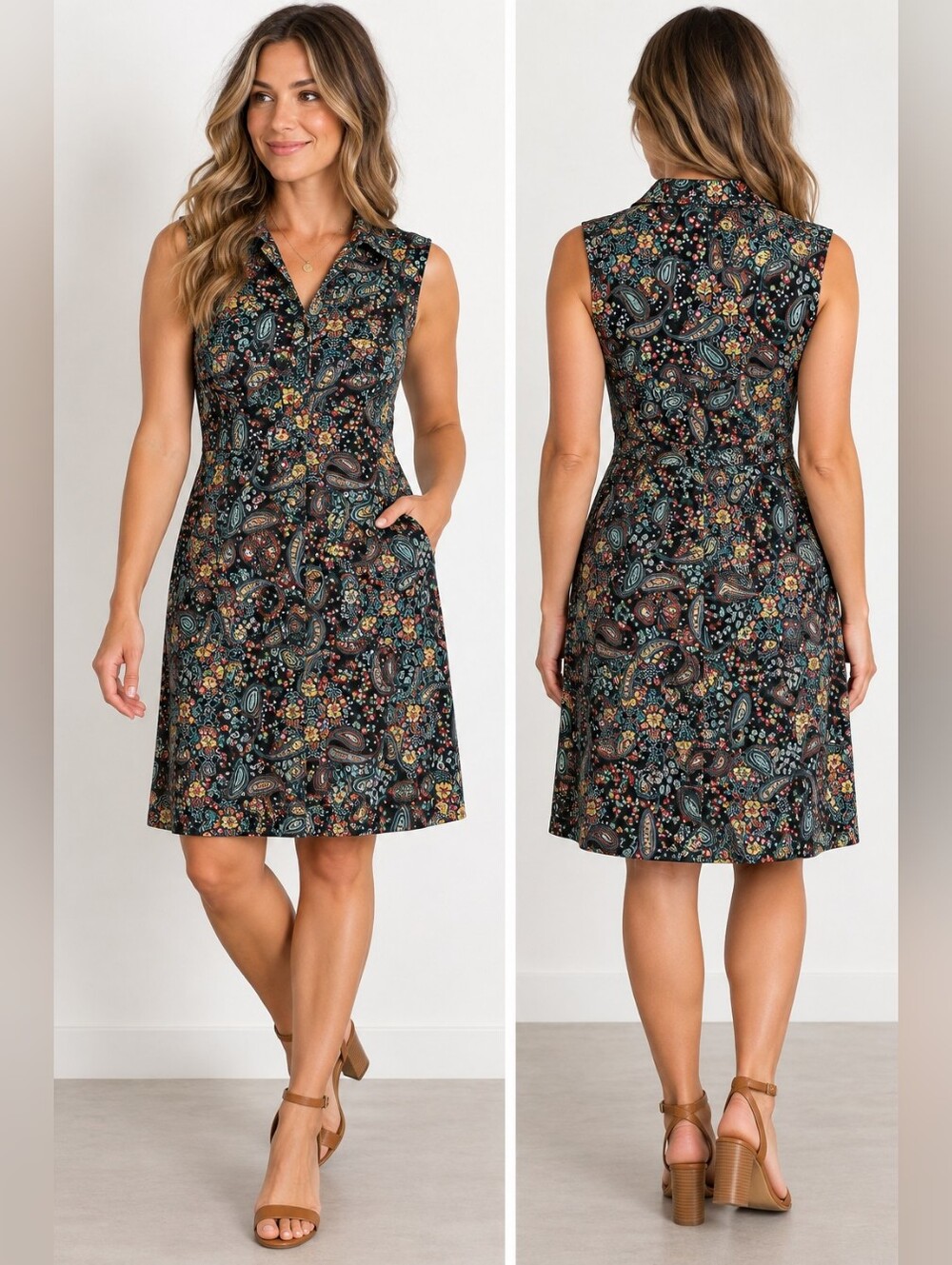 Athleta Size 14 Paisley Sleeveless Shirt Dress Stretch Pockets Black Floral